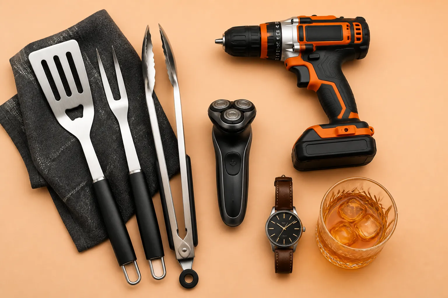 Kit de churrasco, parafusadeira, barbeador, relógio e copo de whisky organizados sobre fundo pastel.
