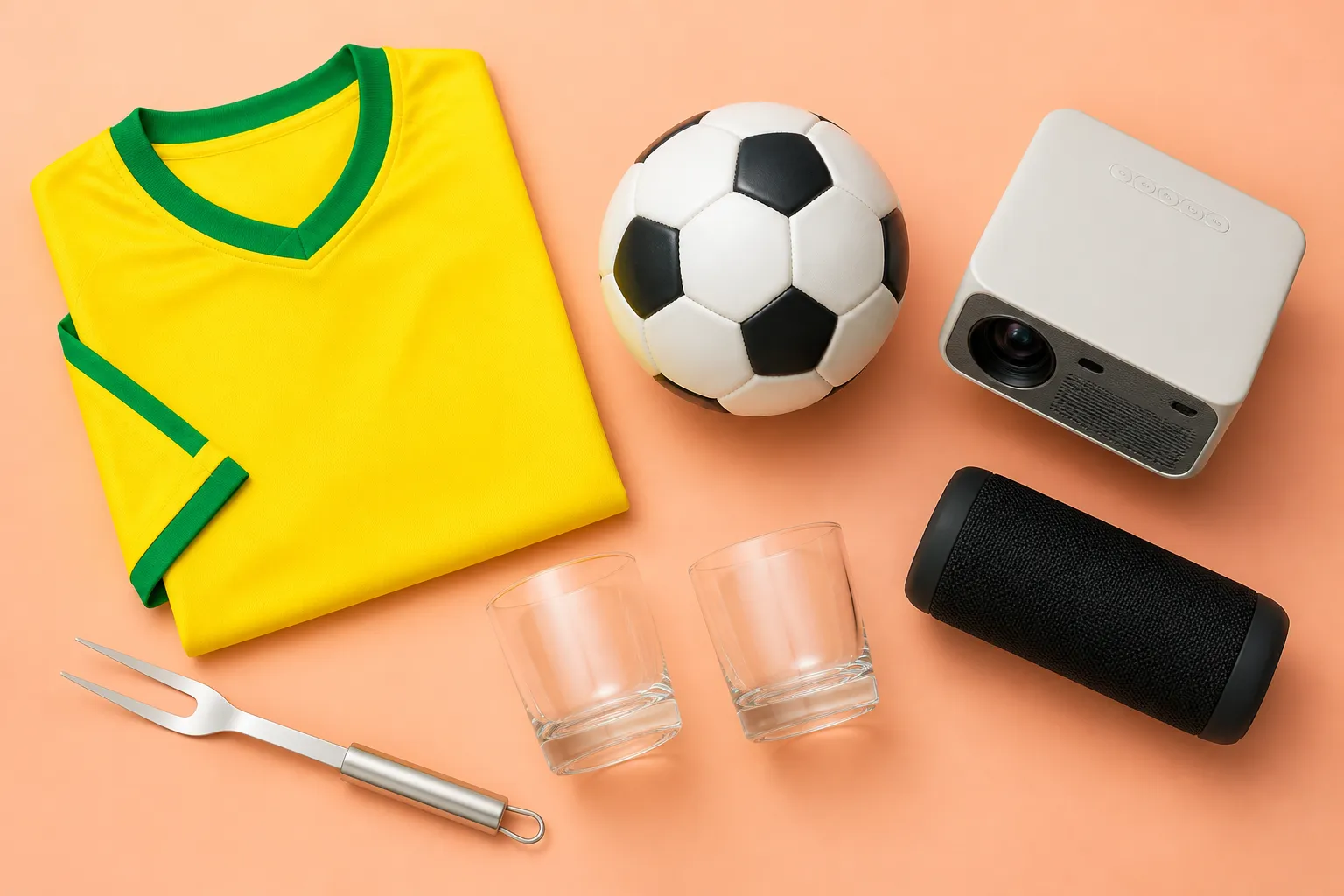 Camisa amarela de futebol, bola, mini projetor, caixa de som portátil, copos e garfo de churrasco organizados sobre fundo pastel.