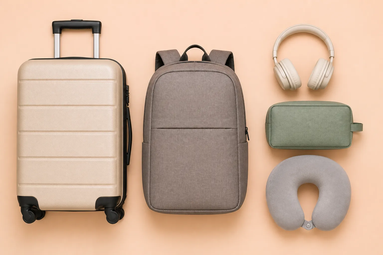 Mala de bordo, mochila para notebook, fone de ouvido over-ear, nécessaire e travesseiro de pescoço organizados sobre fundo pastel pêssego.
