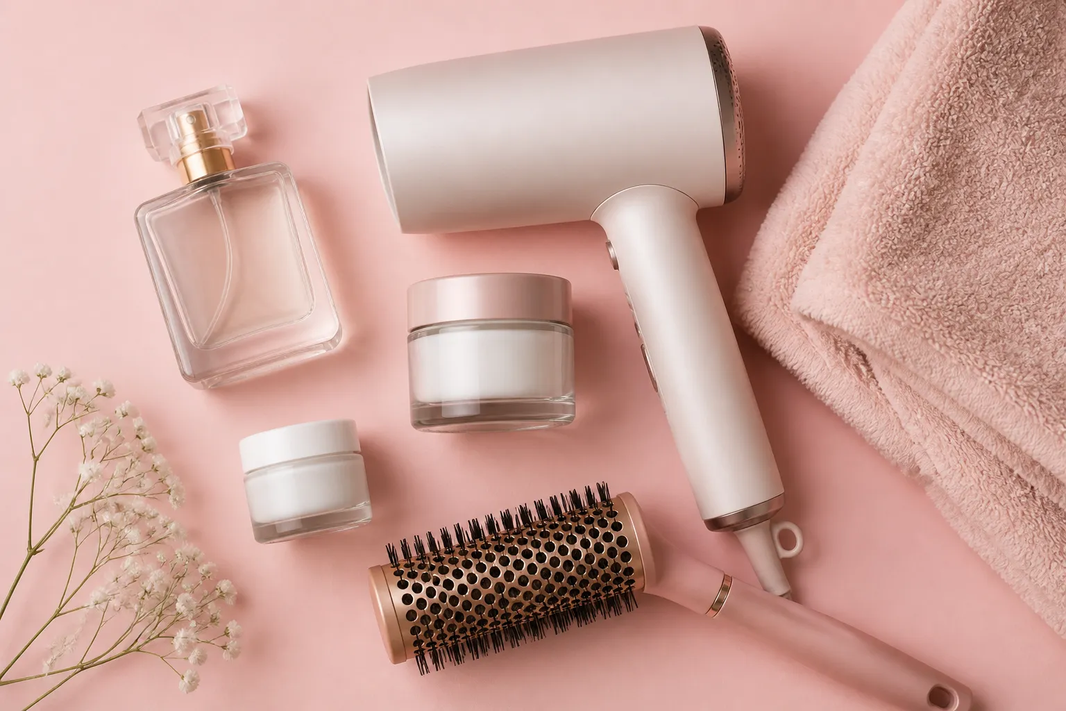 Frasco de perfume sem rótulo, secador de cabelo, potes de skincare sem rótulo, escova redonda e toalha dobrada organizados sobre fundo pastel.