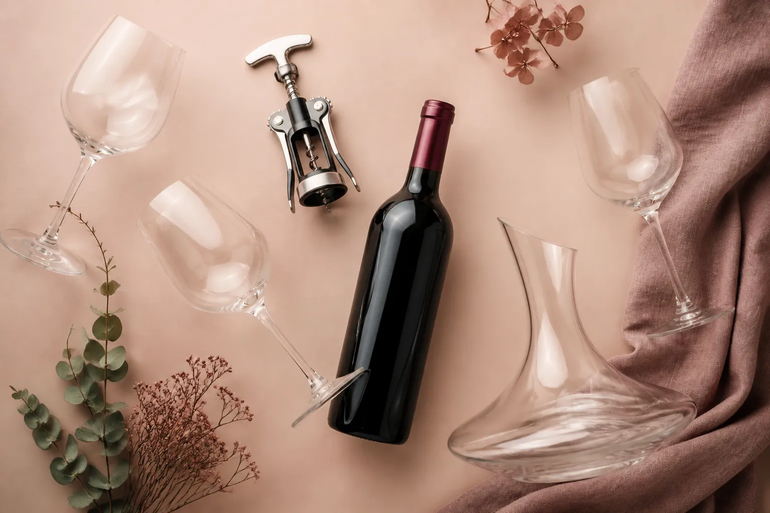 Taças de vinho vazias, um saca-rolhas, um decanter de vidro e uma garrafa sem rótulo organizados sobre fundo pastel.