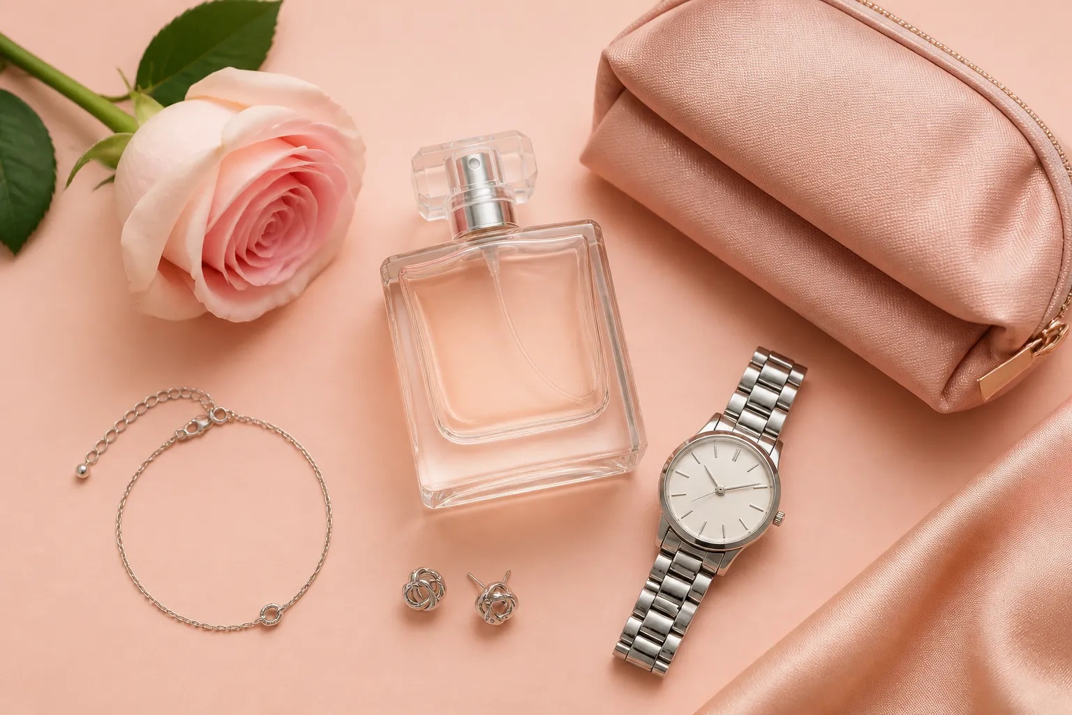 Frasco de perfume sem rótulo, pulseira de prata delicada, par de brincos, relógio de pulso, necessaire dobrada e uma rosa sobre fundo pastel pêssego.
