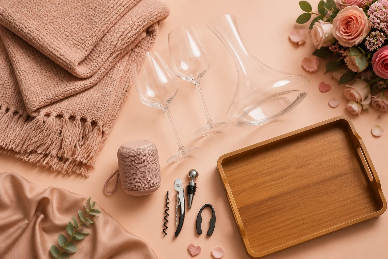 Duas taças de vinho, decanter de vidro, kit abridor, manta dobrada, caixa de som portátil e bandeja de madeira sobre fundo pastel pêssego.
