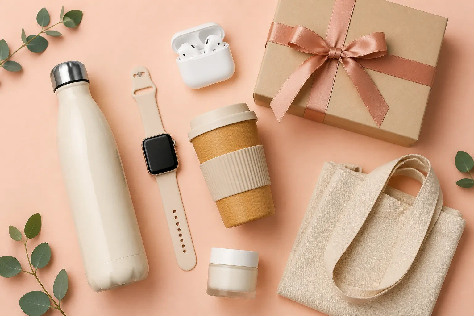 Garrafa térmica reutilizável, smartwatch, fones sem fio, xícara de bambu, ecobag, pote de skincare e caixa de presente sobre fundo pastel pêssego.
