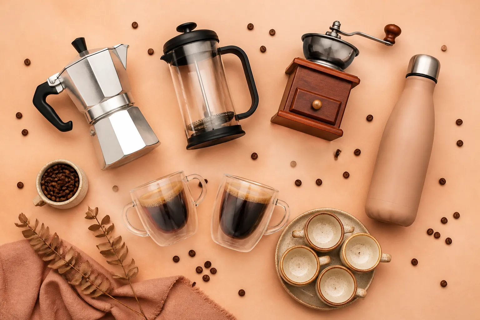 Cafeteira italiana, prensa francesa, moedor, canecas de vidro de parede dupla, xícaras, garrafa térmica e grãos de café sobre fundo pastel pêssego.
