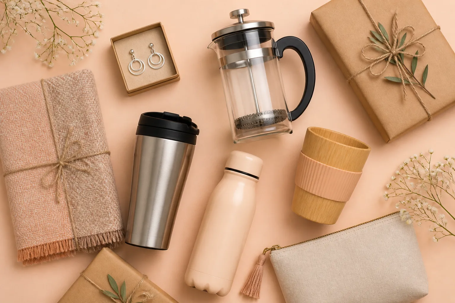 Brincos de prata, prensa francesa de vidro, caneca térmica, garrafa, jogo americano, xícara de bambu e necessaire com toques de embrulho kraft sobre fundo pastel pêssego.